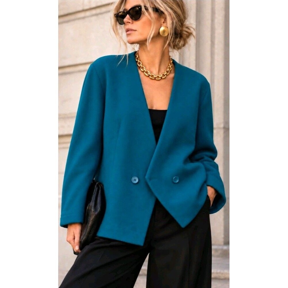 Vintage USA 100% Pure Wool Teal Blazer Jacket Size 16 Woolmark